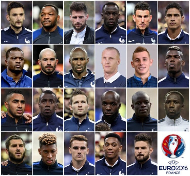 Der 23 Mann starke EM-Kader von Frankreich: (oben von links nach rechts) Torhüter Hugo Lloris, Steve Mandada and Benoit Costil. Abwehrspieler Bacary Sagna, Laurent Koscielny, Raphael Varane,Patrice Evra, Christophe Jallet, Eliaquim Mangala, Jeremy Mathieu und Lucas Digne. Mittelfeld: Paul Pogba, Dimitri Payet, Blaise Matuidi, Yohan Cabaye, Lassana Diarra, N’Golo Kante und Moussa Sissoko. Stürmer: Andre-Pierre Gignac, Kingsley Coman, Antoine Griezmann, Anthony Martial und Olivier Giroud. / AFP PHOTO / STR