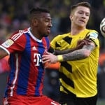 Kollegen in der Nationalmannschaft, erbitterte Konkurrenten um den Titel in der Bundesliga. Bayerns Jérôme Boateng (l.) und Marco Reus (r.) beim Duell 2015. AFP PHOTO / PATRIK STOLLARZ