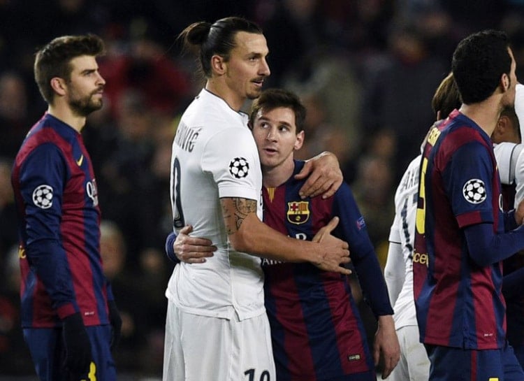 Gigantenduell: Ibrahimovic von PSG und Messi vom FC Barcelona treffen heute aufeinander AFP PHOTO/ LLUIS GENE