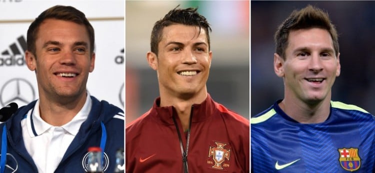 Wahl zum Weltfussballer 2014/2015: Manuel Neuer, Cristiano und Lionel Messi . AFP PHOTO / PATRIK STOLLARZ / STAN HONDA / MIGUEL MEDINA