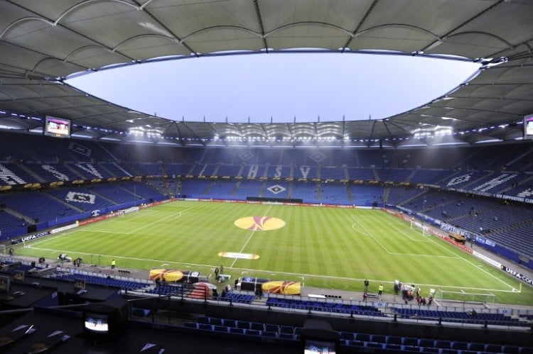 Die HSH Nordbank Arena in Hamburg's. AFP PHOTO / JOHN MACDOUGALL