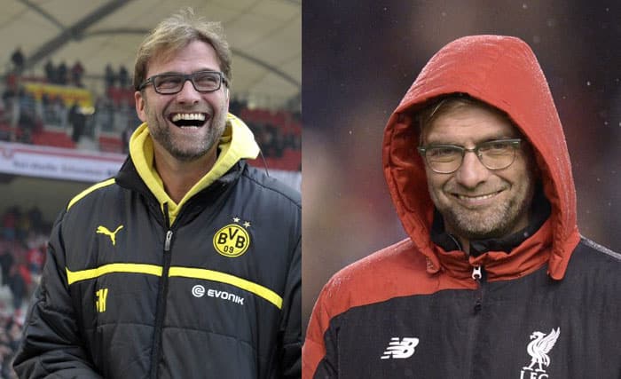 Fußball heute: Europa League Spielplan Viertelfinale 2016 – Sport 1 Live – Jürgen Klopp als BVB-Trainer und als FC Liverpool Trainer. AFP PHOTO / THOMAS KIENZLE / OLI SCARFF