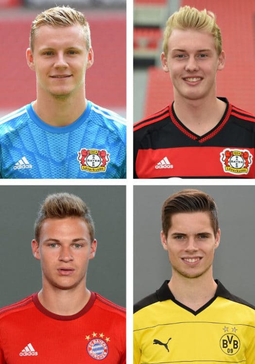 Im DFB-Kader: Leverkusenes Bernd Leno und Julian Brandt, Münchens Joshua Kimmich und Dortmund's Julian Weigl. AFP PHOTO / PATRIK STOLLARZ