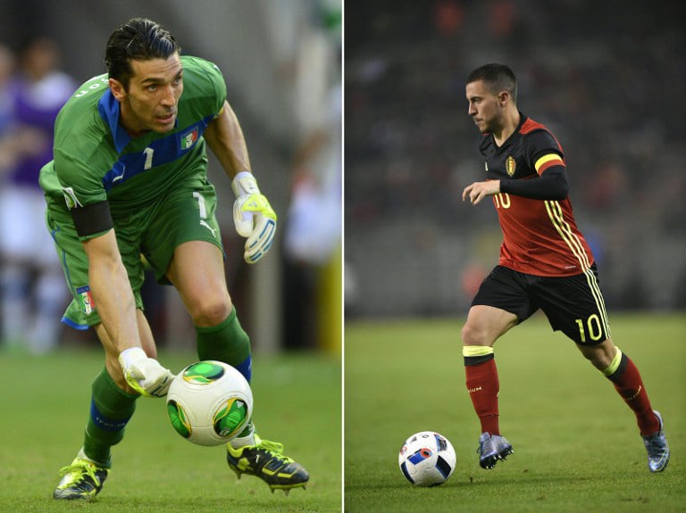 Das Duell zweier Stars heute Abend: Italiens Towart und Kapitän Gianluigi Buffon (L) und Belgiens Capitän Eden Hazard - heute Abend spielen sie gegeneinander in Lyon / AFP PHOTO / YURI CORTEZ AND JOHN THYS
