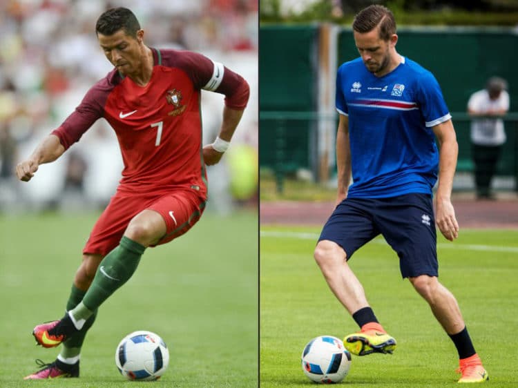Portugals Stürmer Cristiano Ronaldo und Islands Gylfi Sigurdsson heute am 14.Juni im Blickpunkt. / AFP PHOTO / PATRICIA DE MELO MOREIRA AND Odd ANDERSEN