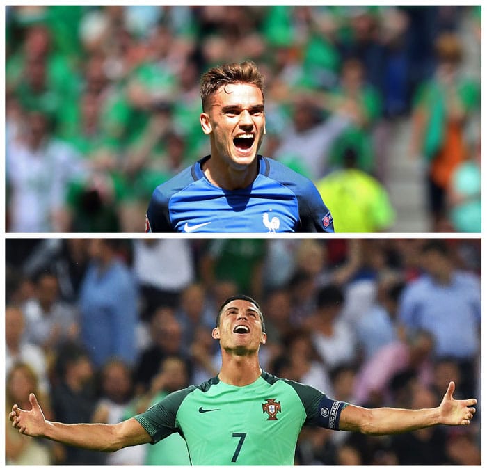 EM Trikots von nike heute: Frankreich (Griezmann) oder Portugal (Ronaldo) - Wer wird Europameister? Aufstellung heute - Antoine Griezmann un Cristiano Ronaldo heute Abend im EM-Finale im Stade de France in Saint-Denis, / AFP PHOTO / Valery HACHE AND Francisco LEONG