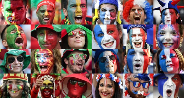 Portugals und Frankreichs Fans vor dem Euro 2016 Finale im Stade de France in Saint-Denis, nördlich von Paris am 10.Juli 2016. / AFP PHOTO