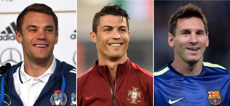 Manuel Neuer, Cristiano Ronaldo und Lionel Messi zur Wahl des FIFA Ballon d'Or 2014. AFP PHOTO / PATRIK STOLLARZ / STAN HONDA / MIGUEL MEDINA