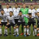 Startaufstellung der deutschen Fußball-Nationalmannschaft gegen Aserbaidschan am 26.03.2017 - Joshua Kimmich, Jonas Hector, Benedikt Hoewedes, Julian Draxler, Thomas Mueller, Andre Schuerrle, - hinten - Mario Gomez, Mats Hummels, Bernd Leno, Toni Kroos und Sami Khedira. / AFP PHOTO / Kirill KUDRYAVTSEV