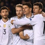 Die vier Hauptdarsteller beim 4:1 über Aserbaidschan. V.l.n.r.: Jonas Hector, André Schürrle, Mario Gomez, Thomas Müller. PHOTO AFP.