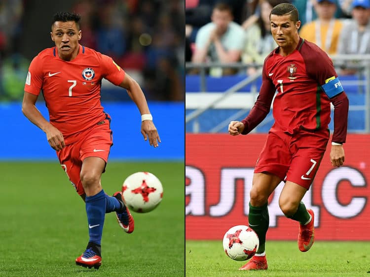 Das Halbfinale des Confed Cups hat es in sich: Chile's Stürmer Alexis Sanchez (L) gegen Portugal's Superstar Cristiano Ronaldo / AFP PHOTO / FRANCK FIFE
