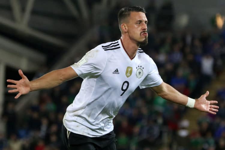 Angreifer Sandro Wagner feiert sein 2:0 im FIFA WM 2018 Quali Spiel im Windsor Park in Belfast am 5.Oktober 2017.<br /> Paul FAITH / AFP