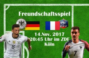 Das nächste Länderspiel gegen Frankreich findet am 14.November 2017 in Köln statt.
