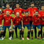 Spaniens "Furia Roja" in den neuen Adidas WM Trikots vor ihrem Testspiel gegen die deutsche Nationalmannschaft am 23. März in Düsseldorf./ AFP PHOTO / Odd ANDERSEN