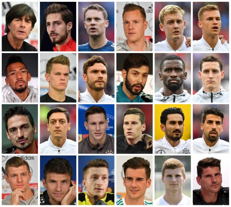 Das sind die 23 Nationalspieler 2018 für die Fußball WM 2018 und der Bundestrainer: (links nach rechts oben) Joachim Löw Bundestrainer, Kevin Trapp, Manuel Neuer, Marc-Andre ter Stegen, Julian Brandt und Joshua Kimmich. (2.Reihe) Jerome Boateng, Matthias Ginter, Jonas Hector, Marvin Plattenhardt, Antonio Ruediger und Sebastian Rudy. (3.Reihe) Mats Hummels, Mesut Ozil, Niklas Suele, Julian Draxler, Ilkay Gündogan und Sami Khedira. (4.Reihe) Toni Kroos, Thomas Mueller, Marco Reus, Leon Goretzka, Timo Werner und Mario Gomez. / AFP PHOTO / -