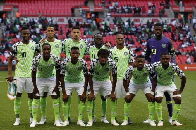 Die Startaufstellung von Nigeria bei der Fußball WM 2018. / AFP PHOTO / Ian KINGTON