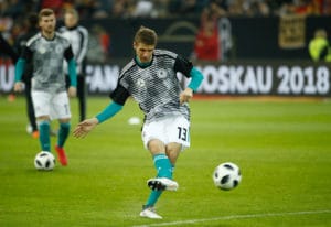 Thomas Müller vor dem Länderspiel gegen Spanien am 23.März 2018 im neuen pre match Short des DFB/ AFP PHOTO / Odd ANDERSEN