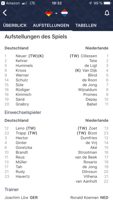 Update 20 Uhr: So wird Deutschland heute Abend spielen: Neuer (2) - Rüdiger (16) , Süle (15), Hummels (5) -  Kehrer (2), Schulz (14) - Kimmich (18) , Kroos (8) - Gnabry (20), Werner (9), Sané (19)