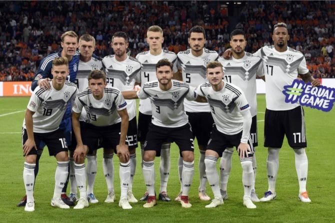 Die deutsche Startaufstellung gegen die Niederlande am 13.10.2018 in der Uefa Nations League. (Photo by JOHN THYS / AFP)