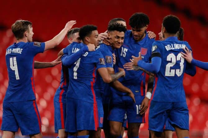 Ollie Watkins feiert einen Treffer im WM-Qualifikationsspiel gegen San Marino im Wembley-Stadion, London, März 2021.