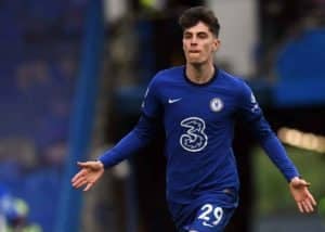 Chelseas deutscher Mittelfeldspieler Kai Havertz feiert den zweiten Treffer seiner Mannschaft während des Fußballspiels der englischen Premier League zwischen Chelsea und Fulham an der Stamford Bridge in London am 1. Mai 2021. NEIL HALL / POOL / AFP