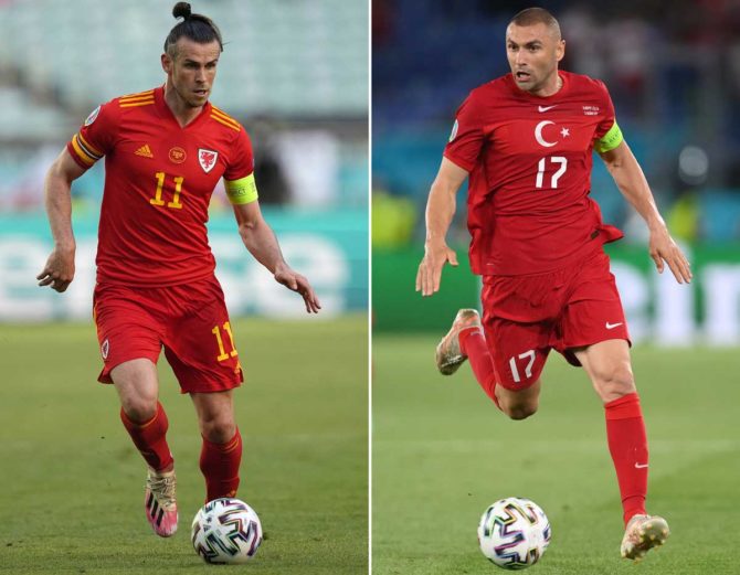 Wales' Stürmer Gareth Bale (L) in Baku am 12. Juni 2021 und der türkische Stürmer Burak Yilmaz in Rom am 11. Juni 2021. Die Türkei trifft im Olympiastadion in Baku am 16. Juni 2021 in ihrem zweiten Fußballspiel der UEFA EURO 2020 Gruppe A auf Wales. Foto AFP