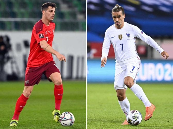 Heute treffen der Schweizer Mittelfeldspieler Granit Xhaka (L) auf Frankreichs Stürmer Antoine Griezmann. Frankreich trifft im Achtelfinalspiel der UEFA EURO 2020 am 28. Juni 2021 in der National Arena in Bukarest auf die Schweiz. (Foto: Jonathan NACKSTRAND und Fabrice COFFRINI / AFP)