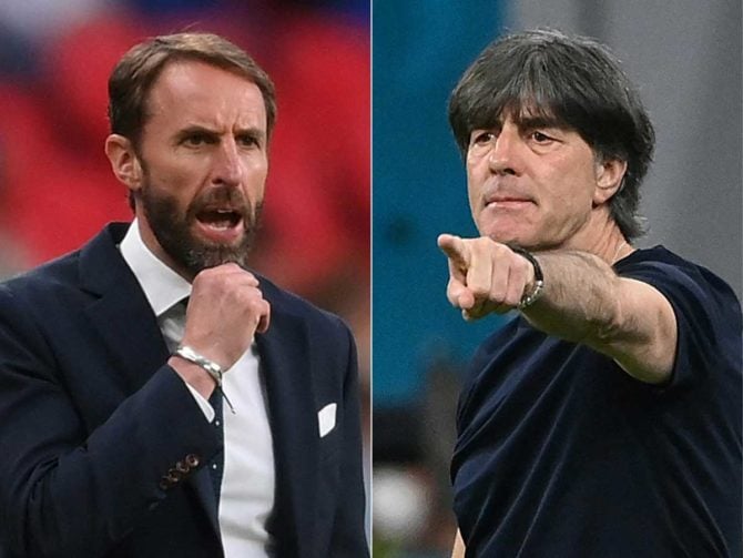 (COMBO) Diese am 27. Juni 2021 erstellte Bildkombination zeigt Englands Trainer Gareth Southgate am 22. Juni 2021 in London, Deutschlands Trainer Joachim Löw am 15. Juni 2021 in München. - England trifft im Achtelfinale der UEFA EURO 2020 am 29. Juni 2021 im Wembley-Stadion in London auf Deutschland. (Fotos von Laurence Griffiths und FRANCK FIFE / POOL / AFP)