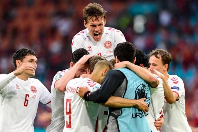 Dänemark besiegt Wales in Amsterdam am 26.Juni und steht im EM Viertelfinale 2021. (Photo by Olaf Kraak / POOL / AFP)
