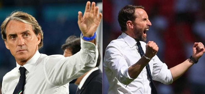 Der Italiener Roberto Mancini trifft auf den Engländer Gareth Southgate im EM Finale 2021 (Photos by AFP)