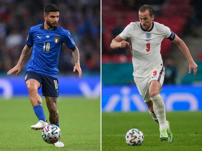 Der Italiener Lorenzo Insigne (L)England's Harry Kane trafen in London beim EM-Finale aufeinander. (Photo by Frank AUGSTEIN and Laurence GRIFFITHS / AFP)