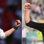 England's coach Gareth Southgate und Dänemark's coach Kasper Hjulmand (R)spielen in Wembley am 7.Juli 2021 im EM Halbfinale (Photo by Laurence Griffiths and Naomi BAKER / various sources / AFP)