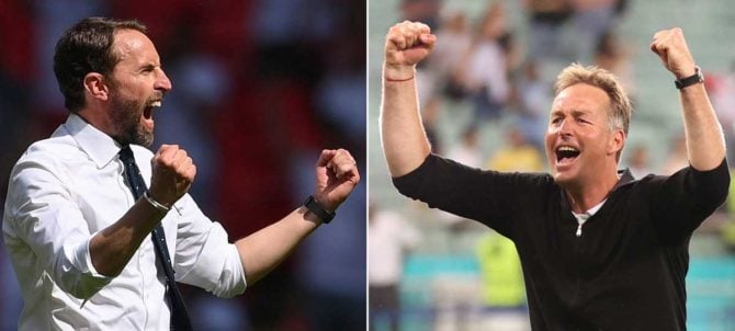 England's coach Gareth Southgate und Dänemark's coach Kasper Hjulmand (R)spielen in Wembley am 7.Juli 2021 im EM Halbfinale (Photo by Laurence Griffiths and Naomi BAKER / various sources / AFP)