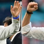 Italiens Trainer Roberto Mancini und Spaniens coach Luis Enriquevor dem Halbfinale im Wembley Stadium in London am 6.Juli 2021. (Photos by Filippo MONTEFORTE and STUART FRANKLIN / various sources / AFP)