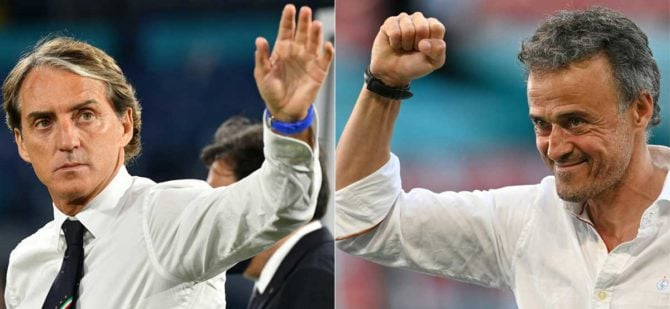 Italiens Trainer Roberto Mancini und Spaniens coach Luis Enriquevor dem Halbfinale im Wembley Stadium in London am 6.Juli 2021. (Photos by Filippo MONTEFORTE and STUART FRANKLIN / various sources / AFP)