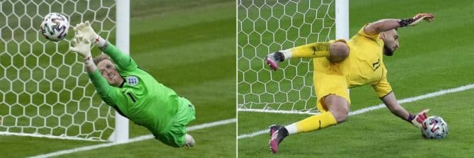 Italiens Gianluigi Donnarumma (R) England's Torhüter Jordan Pickford heute im UEFA Euro 2020 Finale im Wembley Stadium in London am 11.Juli2021. (Photo by Matt DUNHAM / AFP)