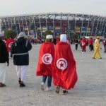 Tunesische Fußballfans in Katar beim FIFA Arabic Cup - hier beim Halbfinale gegen Ägypten. Foto: Eigene Quelle.