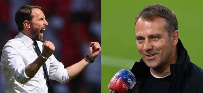 David Southgate und Hans-Dieter Flick - die beiden Trainer für das Länderspiel Deutschland gegen England in München am 7.6.2022 (Photos by Filippo MONTEFORTE and STUART FRANKLIN / various sources / AFP)