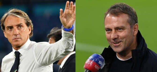 Italiens coach Roberto Mancini und Bundestrainer Hansi Flick heute Abend. (Photos by Filippo MONTEFORTE and STUART FRANKLIN / various sources / AFP)