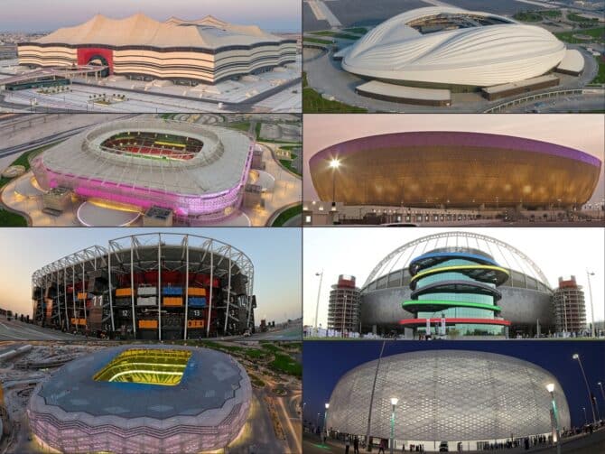 (COMBO) Diese Kombination von zeigt die acht WM Stadien von Katar 2022. Die ganze WM soll mindestens 6,5 Mio EUR kosten (Foto von KARIM JAAFAR / verschiedene Quellen / AFP)