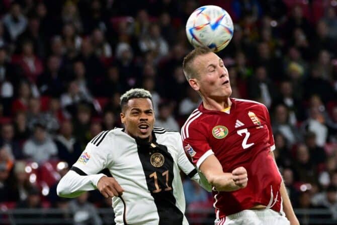 Deutschlands Stürmer Lukas Nmechain der UEFA Nations League gegen Ungarn am 23.September 2022. (Photo by John MACDOUGALL / AFP)