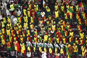 Fans von Senegal feiern während des Fußballspiels der Gruppe A der Fußballweltmeisterschaft Katar 2022 zwischen Ecuador und Senegal im Khalifa International Stadium in Doha am 29. November 2022 das Weiterkommen ihres Landes. (Foto: MANAN VATSYAYANA / AFP)