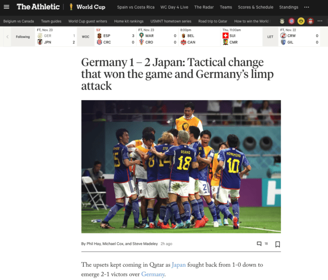 The Atheltic, England: "Deutschland 1 - 2 Japan: Der taktische Wechsel, der das Spiel entschied, und Deutschlands schlaffer Angriff"