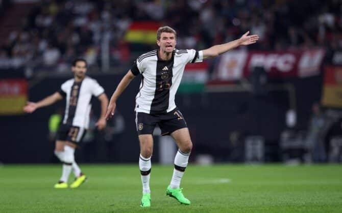Deutschlands Stürmer Thomas Müller  während des UEFA-Nations-League-Fußballspiels zwischen Deutschland und Ungarn  am 23. September 2022. (Foto: Ronny Hartmann / AFP)