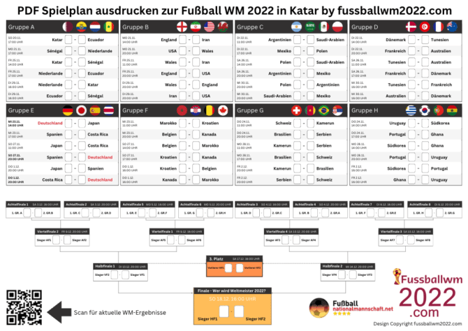 Der WM 2022 Spielplan zum Ausdruck und Download