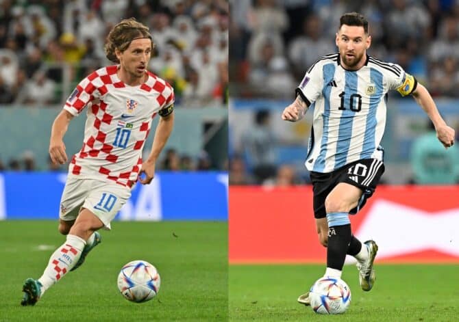 Wer kommt heute ins WM-Finale? DEr Kroate Luka Modric (L) oder Argentiniens Lionel Messi? (Photo by Nelson ALMEIDA and Alfredo ESTRELLA / AFP)