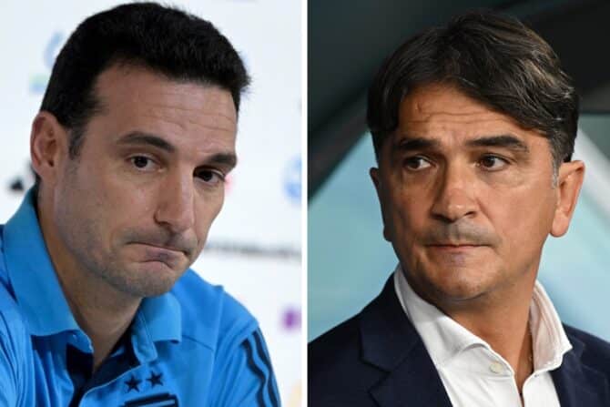 Wer kommt heute ins WM-Finale? Der Kroatische Trainer Zlatko Dalic oder Argentiniens Trainer Lionel Scaloni. (Photo by Juan MABROMATA and Andrej ISAKOVIC / AFP)