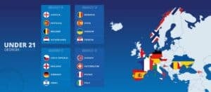 Europa-Karte mit hervorgehobenen Ländern, die an der U21-Fußball-Europameisterschaft 2023 teilnehmen. (Copyright depositphotos.com)