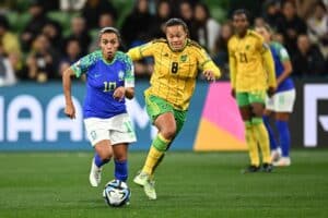 Brasilien ausgeschieden! Marta aus Brasilien und Drew Spence aus Jamaika während des Fußballspiels der FIFA Frauen-Weltmeisterschaft 2023 zwischen Jamaika und Brasilien im Melbourne Rectangular Stadium in Melbourne, Mittwoch, 2. August 2023. Copyright: JOEL CARRETT 20230802001826895423 Imago