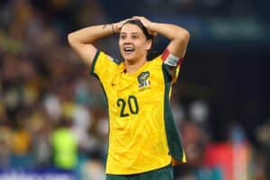 Die australische Nationalspielerin Sam Kerr feiert den Einzug ins WM-Halbfinale. Photo by Patrick Hoelscher/News Images Copyright: xPatrickxHoelscher/NewsxImagesx